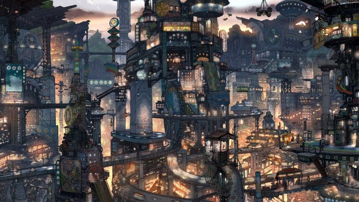 Artwork of a futuristic, multi-layered cityscape with flying vehicles