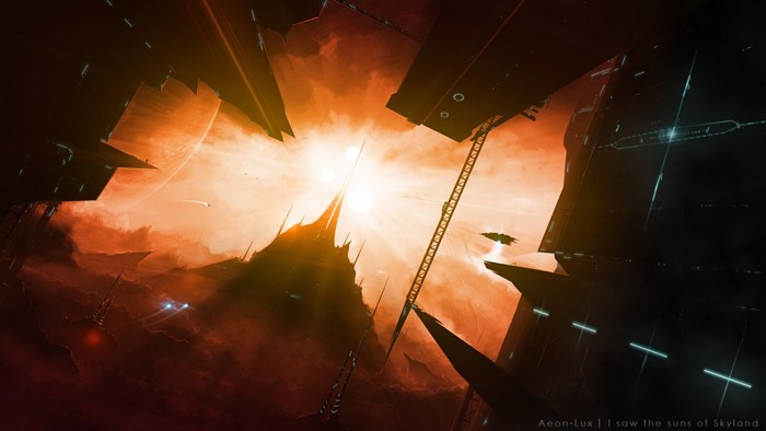Sci-fi cityscape with bright sun and spaceships