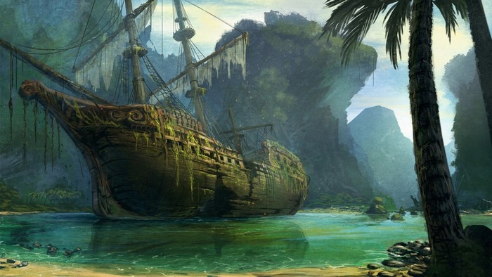 Abandoned pirate ship in a jungle cove