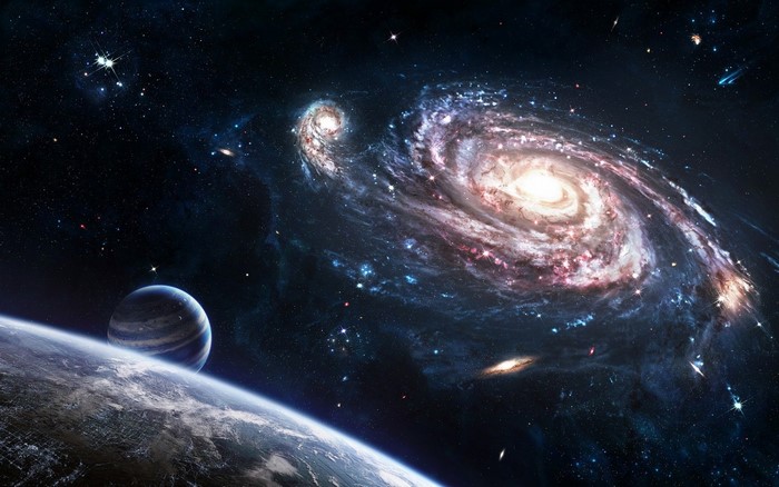 Spiral Galaxy and Planet in Outer Space