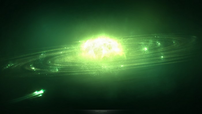 Green galaxy with bright star and spaceship