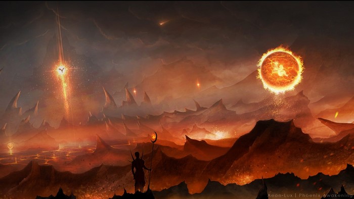 Fantasy landscape with fiery celestial bodies and a figure