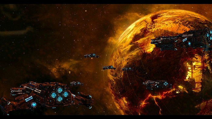 Spaceships near a fiery planet