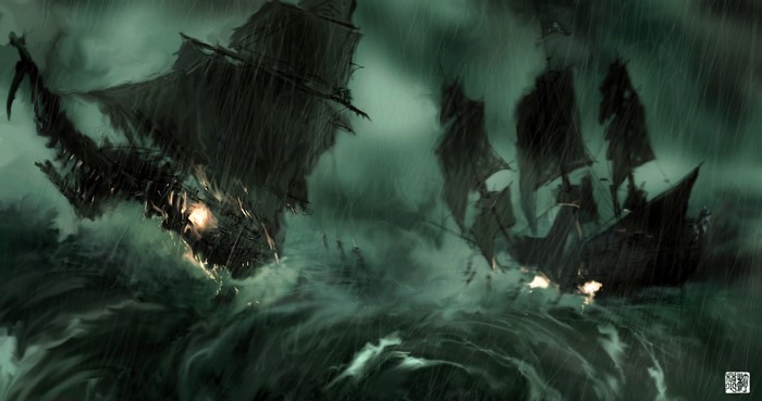 Two ghost ships in a stormy sea