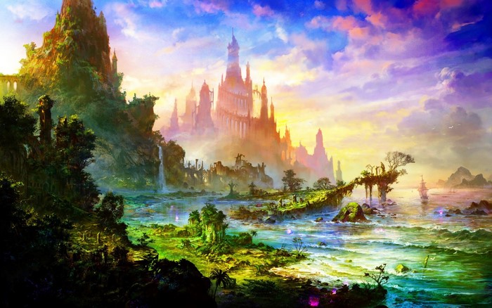 Fantasy landscape with castles and a body of water