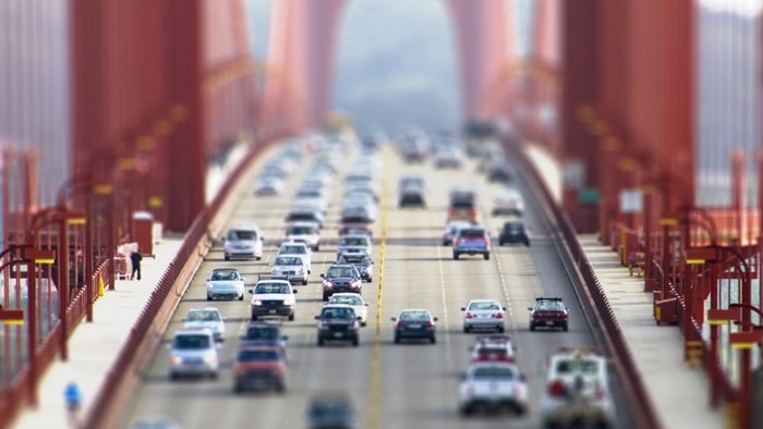 Cars on a bridge with tilt-shift effect