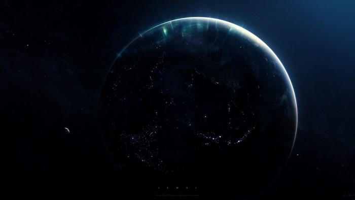 Earth and Moon in Space with Aurora