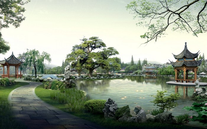 Chinese garden with pavilions and a lake