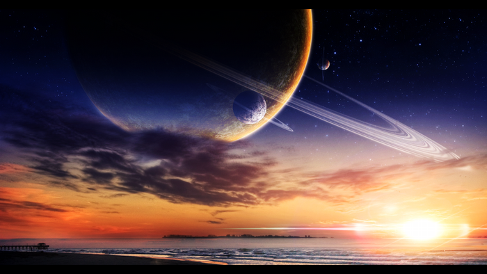Planetary rings over a beach at sunset