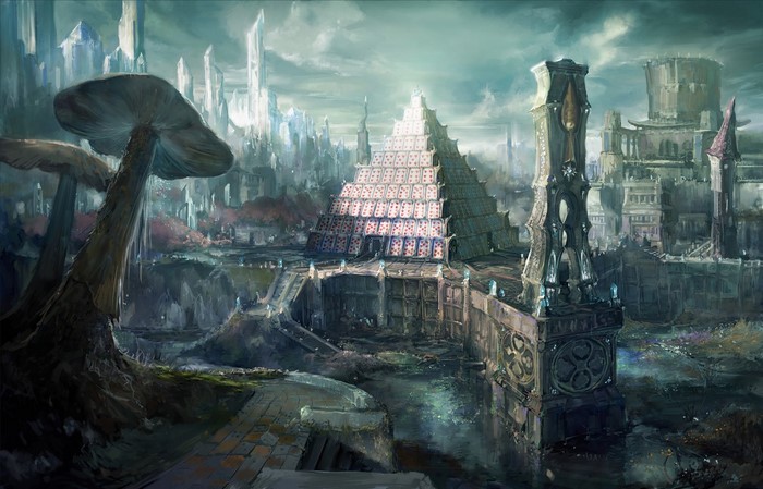 Fantasy cityscape with mushroom-like structures and a pyramid of cards