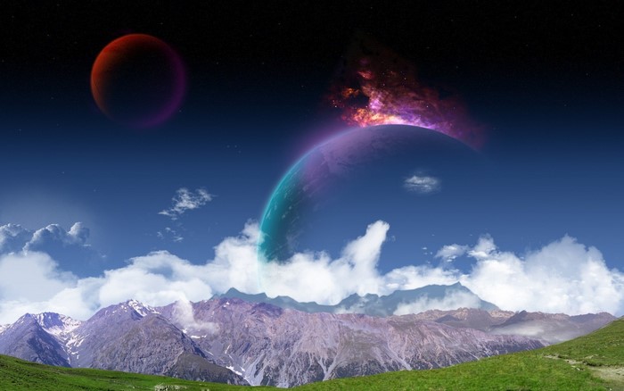 Digital art of planets and mountains in space