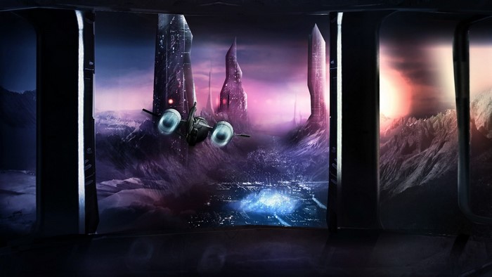 Sci-fi artwork of a spaceship over a futuristic city