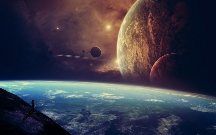 Space art with planets and a lone figure