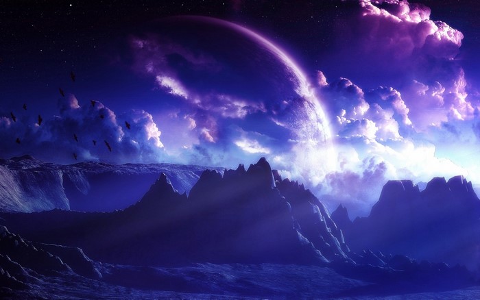 Alien planet landscape with a large planet in the sky