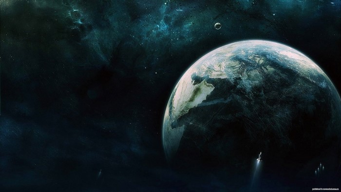 Planet Earth and moon in outer space with spacecraft