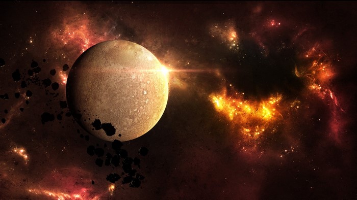 Planet and asteroids in a colorful nebula