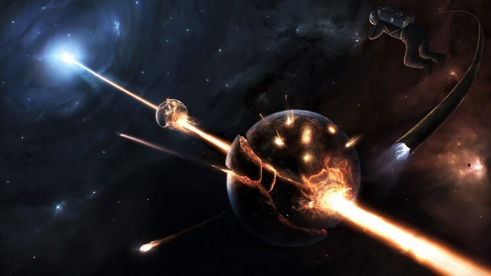 Planetary destruction in outer space with astronaut