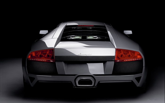 Rear view of a silver Lamborghini Murcielago