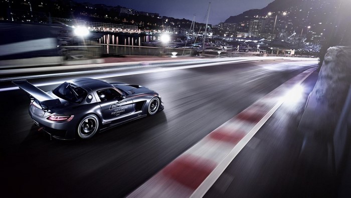 Mercedes-Benz SLS AMG Black Series on a race track at night