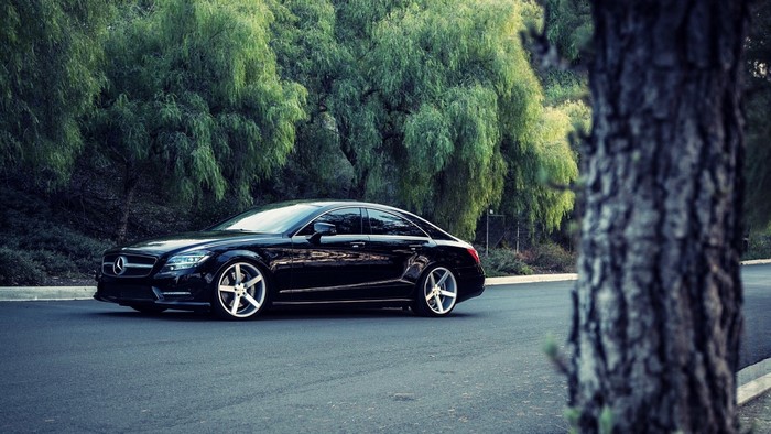 Black Mercedes Benz CLS on a road with trees