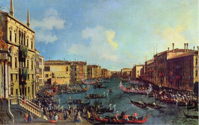 A painting of a crowded canal in Venice with many boats and buildings