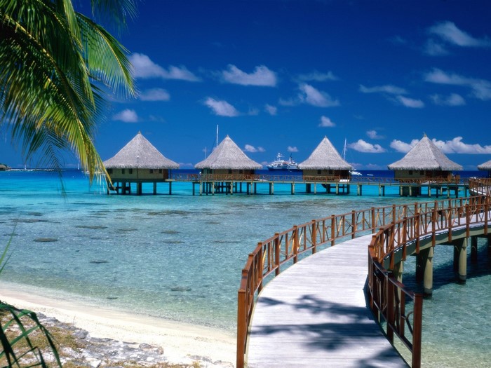 Overwater bungalows on a tropical turquoise lagoon