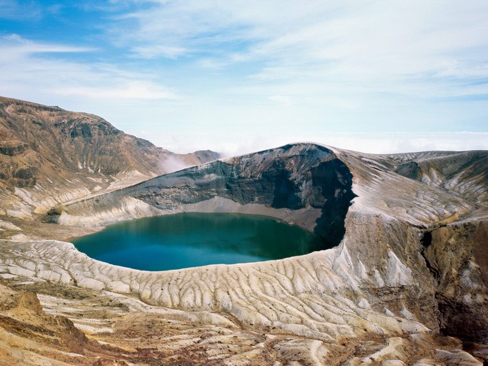 Crater lake in a mountainous landscape