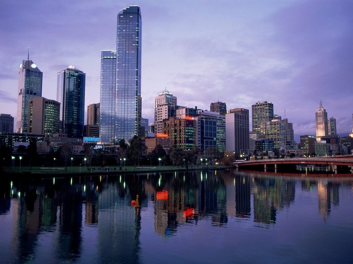 Melbourne skyline at dusk with Yarra River reflections