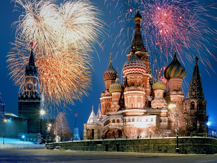Fireworks over St. Basil's Cathedral and Kremlin, Moscow