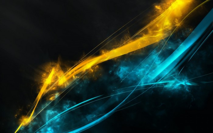 Abstract yellow and blue light waves on black background