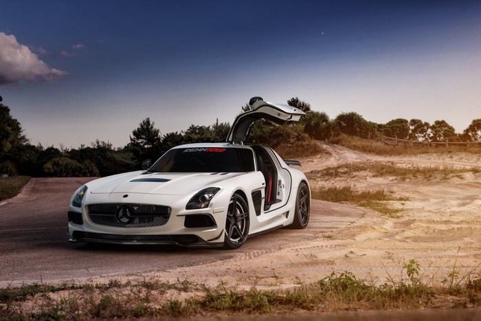 White Mercedes-Benz SLS AMG with Gullwing Doors