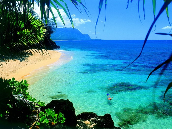 Snorkeler in a tropical bay with a sandy beach and mountains