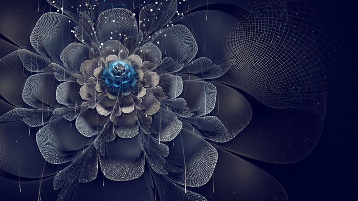 Abstract fractal flower with blue center and dark background