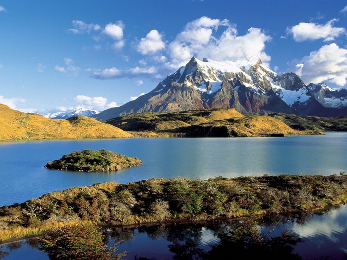 Lake and snow-capped mountains in a national park