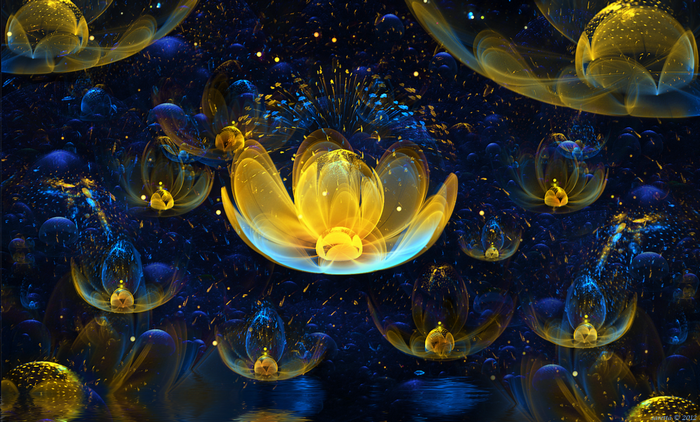 Abstract fractal flowers with yellow and blue light