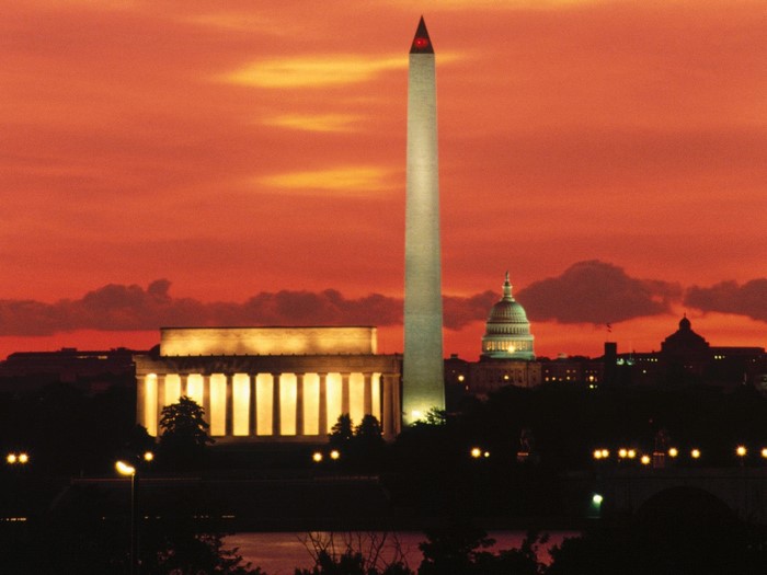 Washington D.C. skyline at sunset with monuments