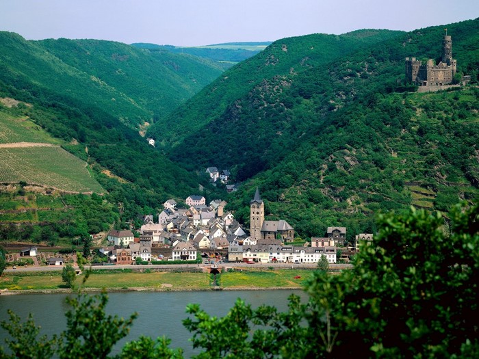 Castle overlooking a German village on a river valley