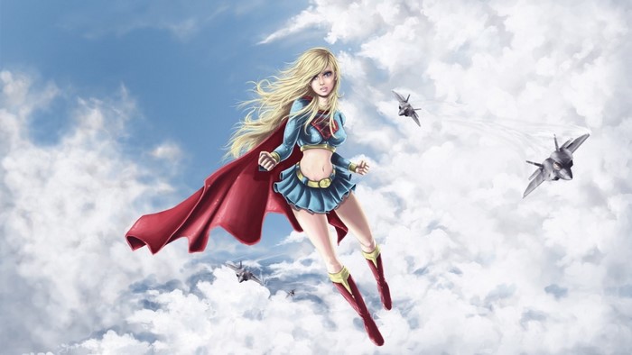 Supergirl flying in the sky with fighter jets