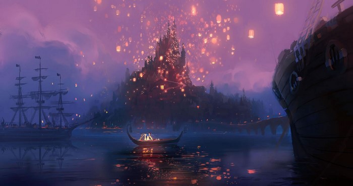 Rapunzel and Flynn Rider in a boat with sky lanterns over a castle