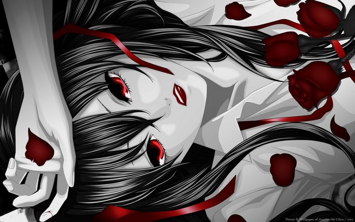 Anime girl with red eyes and roses