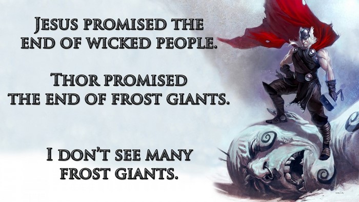 Thor standing on a defeated Frost Giant with a quote