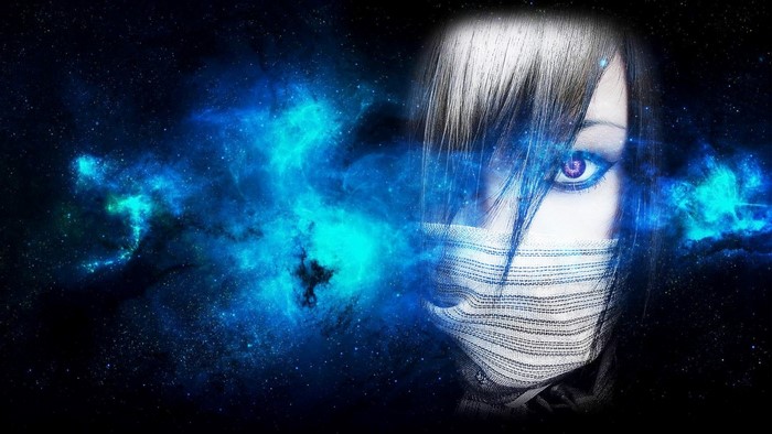 Woman in space with blue nebula