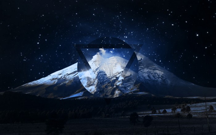 Snowy mountains under a starry night sky with geometric overlay