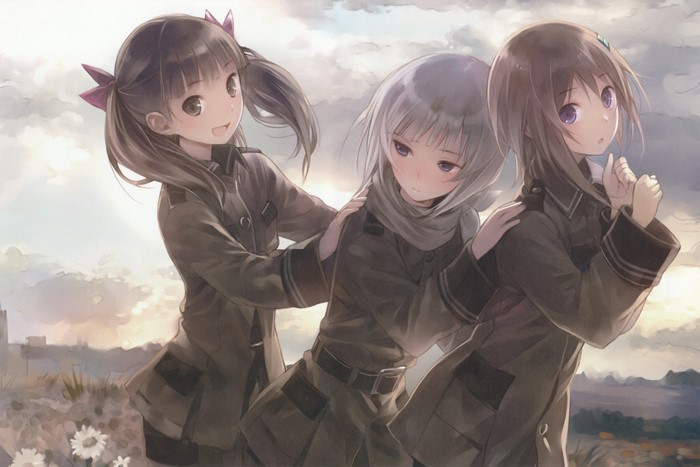 Anime girls from Sora no Woto in military uniforms
