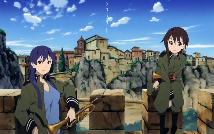 Two girls from Sora no Woto with trumpets