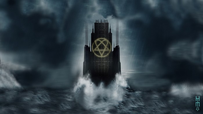 HIM logo on a dark tower in the ocean