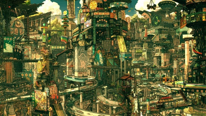 A dense, multi-layered futuristic city with many signs and walkways