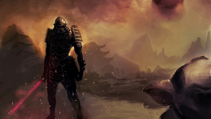 Samurai with lightsaber in a desolate landscape