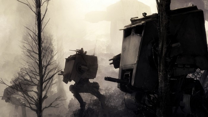 Star Wars AT-ST walkers in a foggy forest