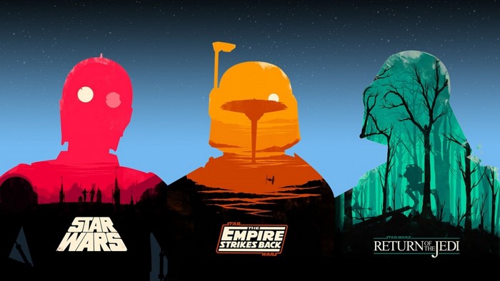 Star Wars posters featuring C-3PO, Boba Fett, and Darth Vader